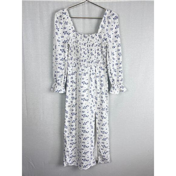 House of Harlow Dress Smocked White Floral Linen Midi Cottagecore Boho Sundress - Picture 1 of 9